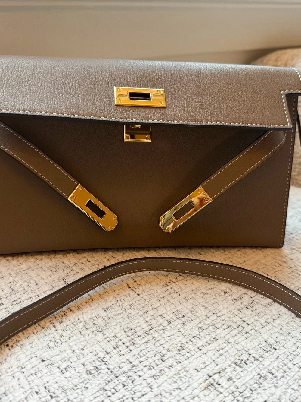 Sleek Taupe Leather Wristlet Clutch with Gold-Tone Hardware
